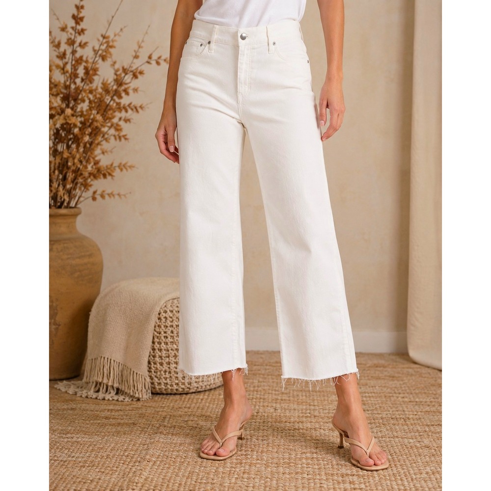 J.Crew Wide Leg Crop Jeans Women 33 White Raw Hem Cotton Stretch NWT Chic